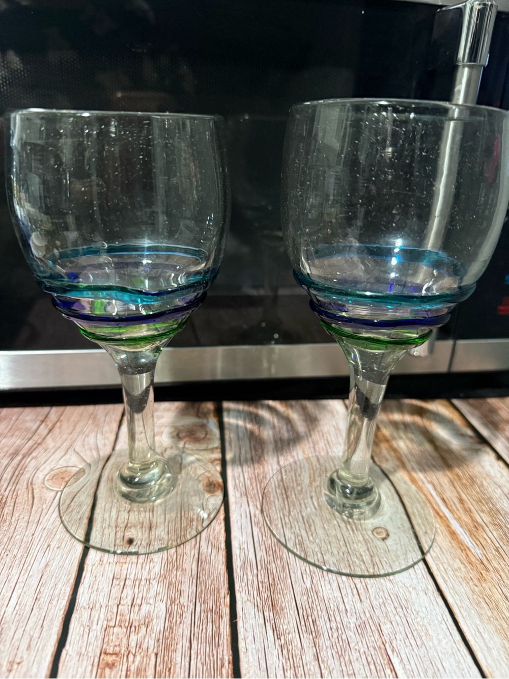 Hand-Blown Blue & Green Swirl Wine Glass - Home Art